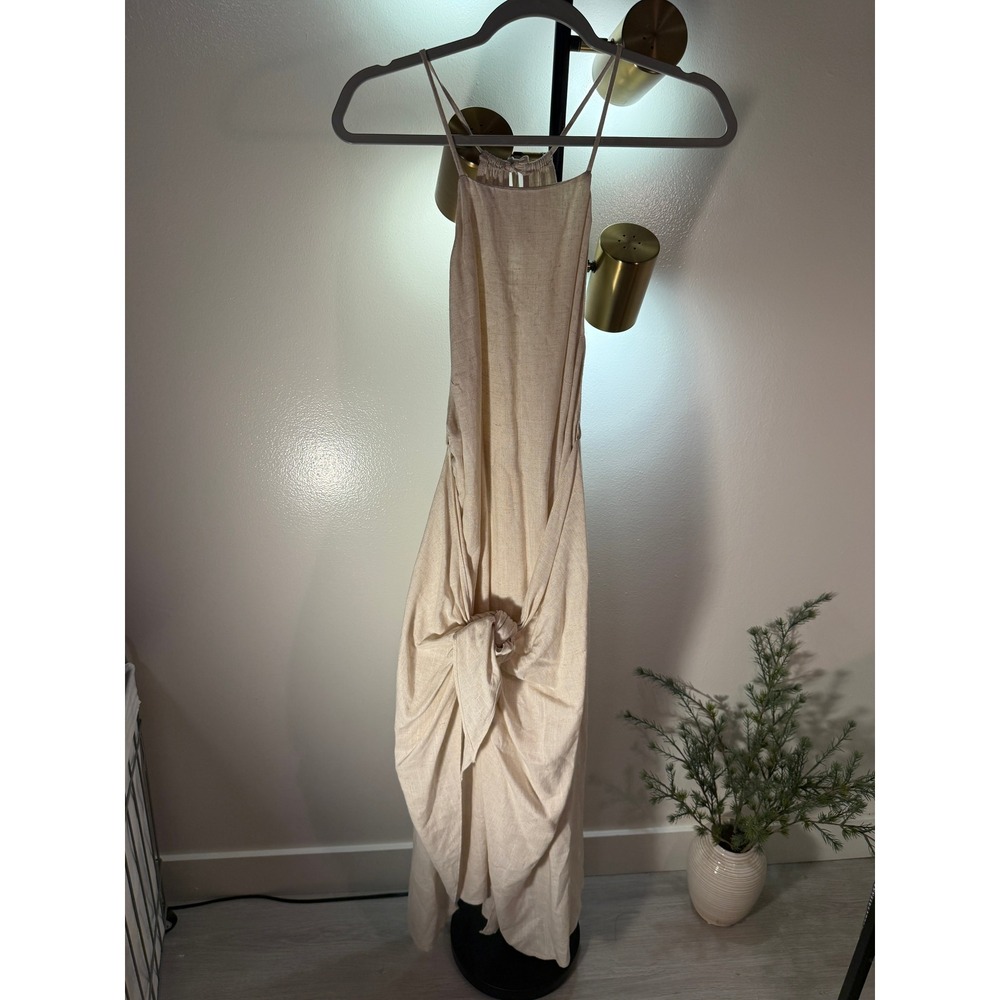 Aakaa wrap halter tassels accent neutral tan linen Napa vacation dinner dress L